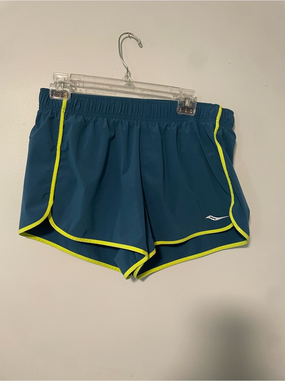 Saucony Women's Teal Athletic Shorts with Neon Yellow Trim